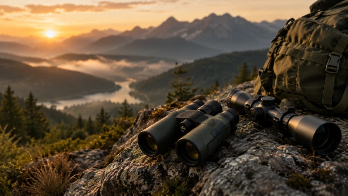 Binoculars and outdoor equipment overlooking a mountain landscape