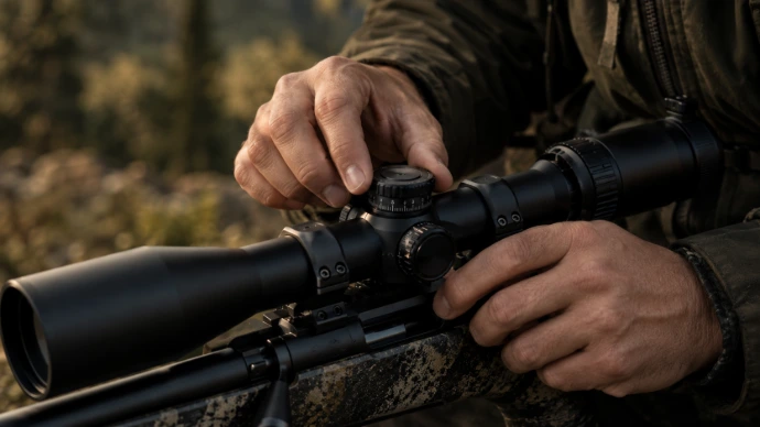 Close-up of precision optical equipment being adjusted outdoors